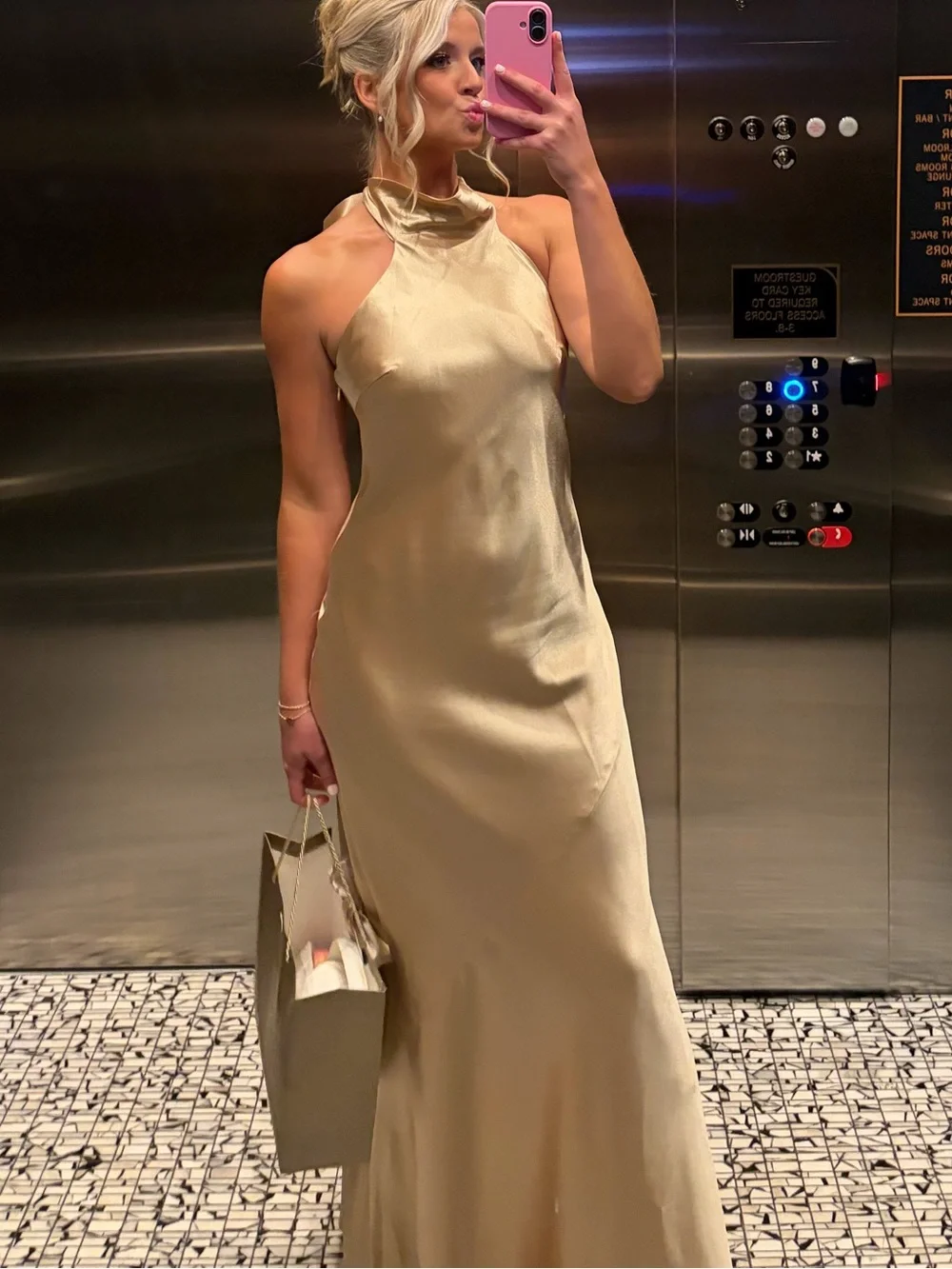 Azazie Velli - Gold Sheath High Neck Metallic Satin Dress A4 Gold - Picture 1 of 3
